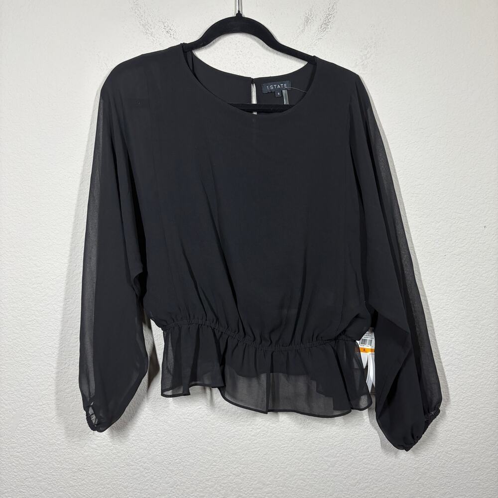 1. State Small Veridian Blooms Peplum Blouse Black Gathered Waist Long Sleeves
